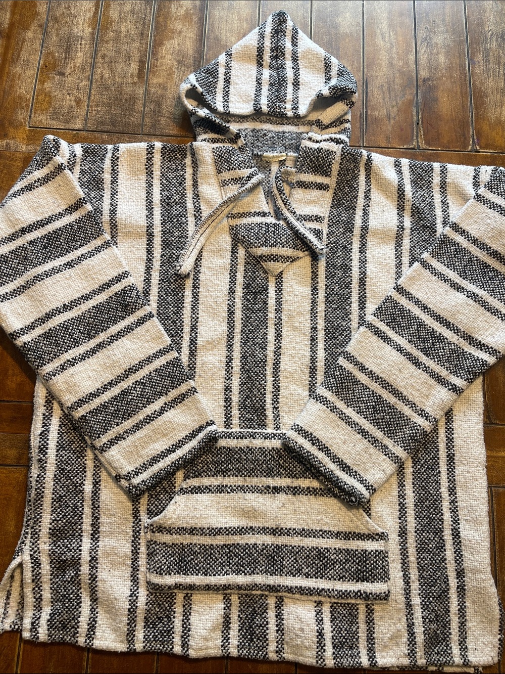 Striped Hooded Baja Pullover Sweater in Black and Cream